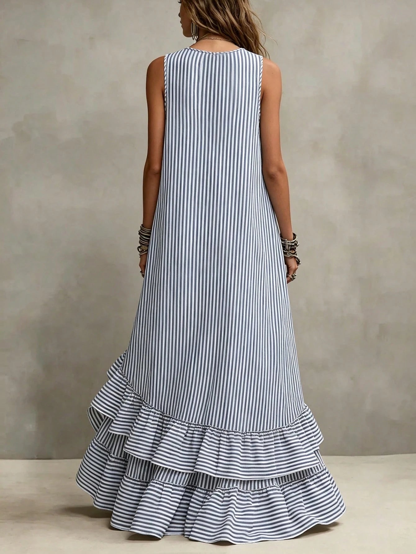 Holidaya Women's Summer Blue And White Vertical Striped Sleeveless Asymmetrical Ruffle Hem Dress - image 2