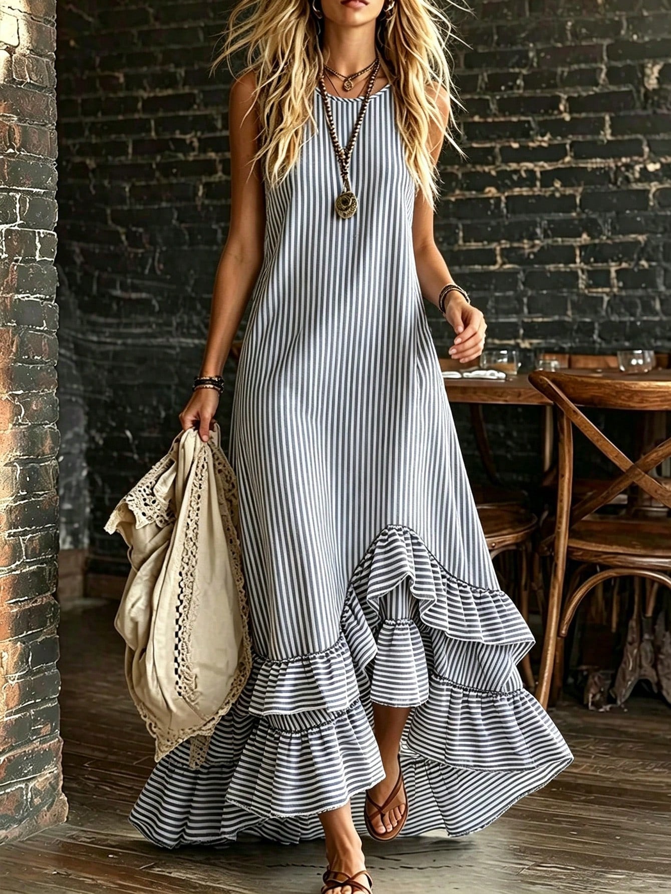 Holidaya Women's Summer Blue And White Vertical Striped Sleeveless Asymmetrical Ruffle Hem Dress