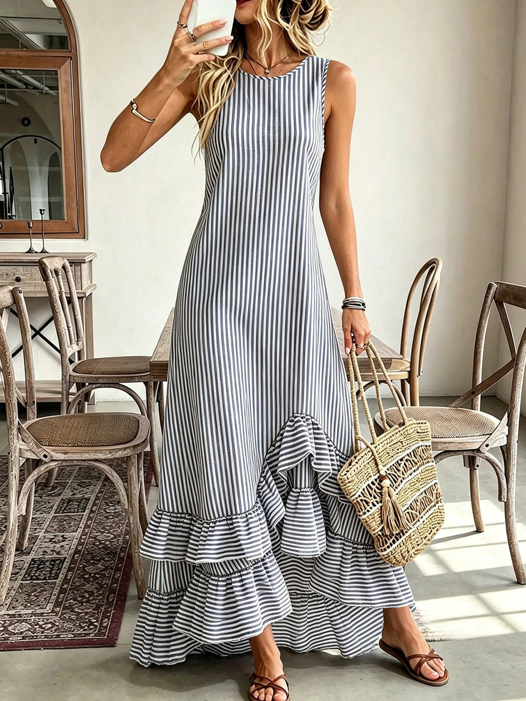 Holidaya Women's Summer Blue And White Vertical Striped Sleeveless