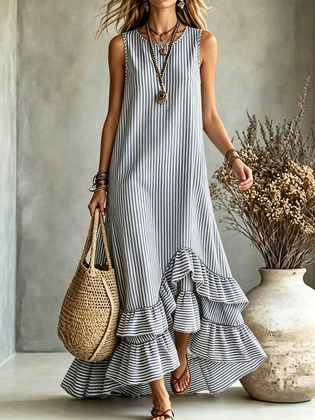 Holidaya Women's Summer Blue And White Vertical Striped Sleeveless