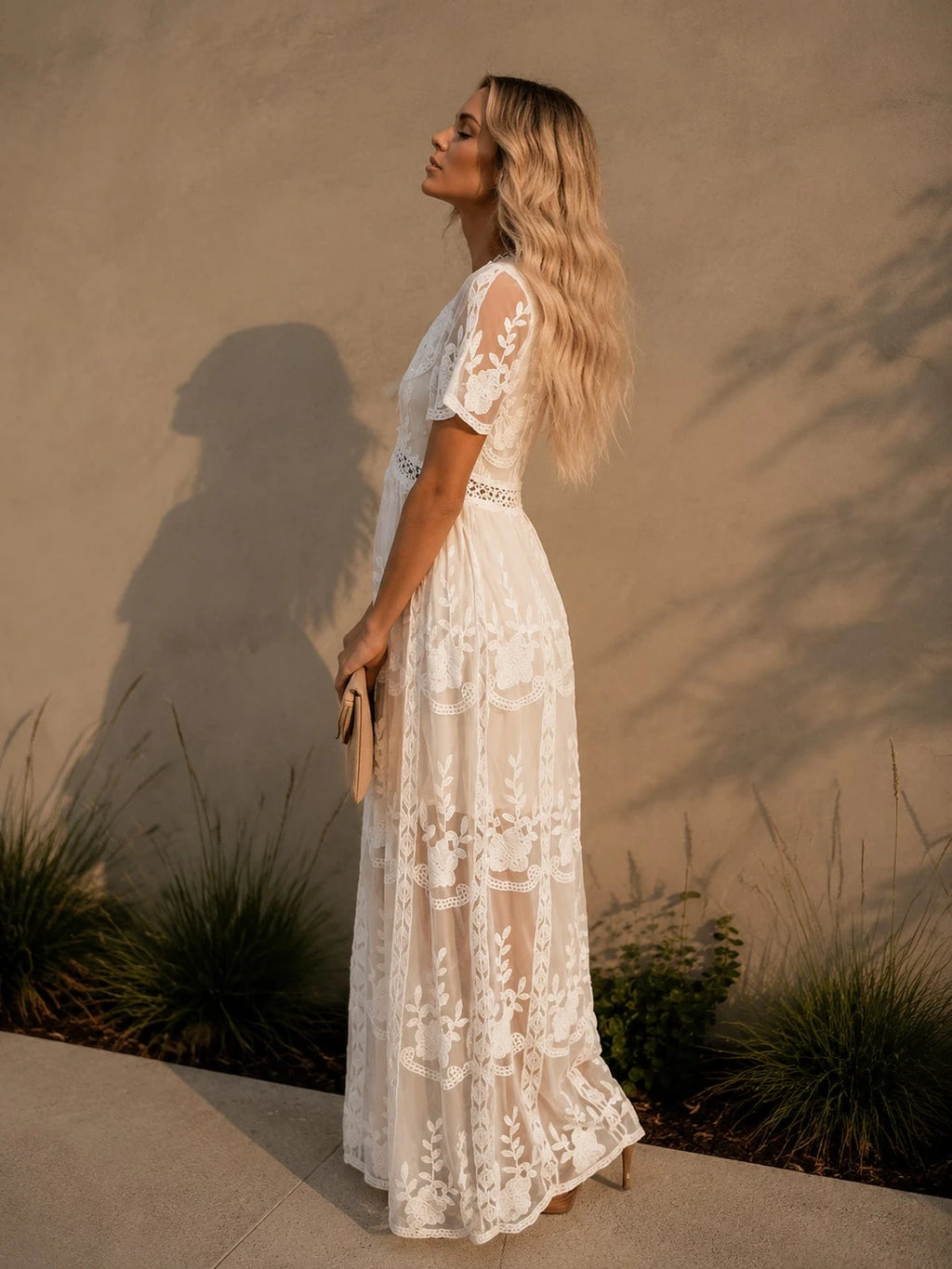 Women's Elegant Lace Chiffon Maxi Dress, V Neck Short Sleeve Solid