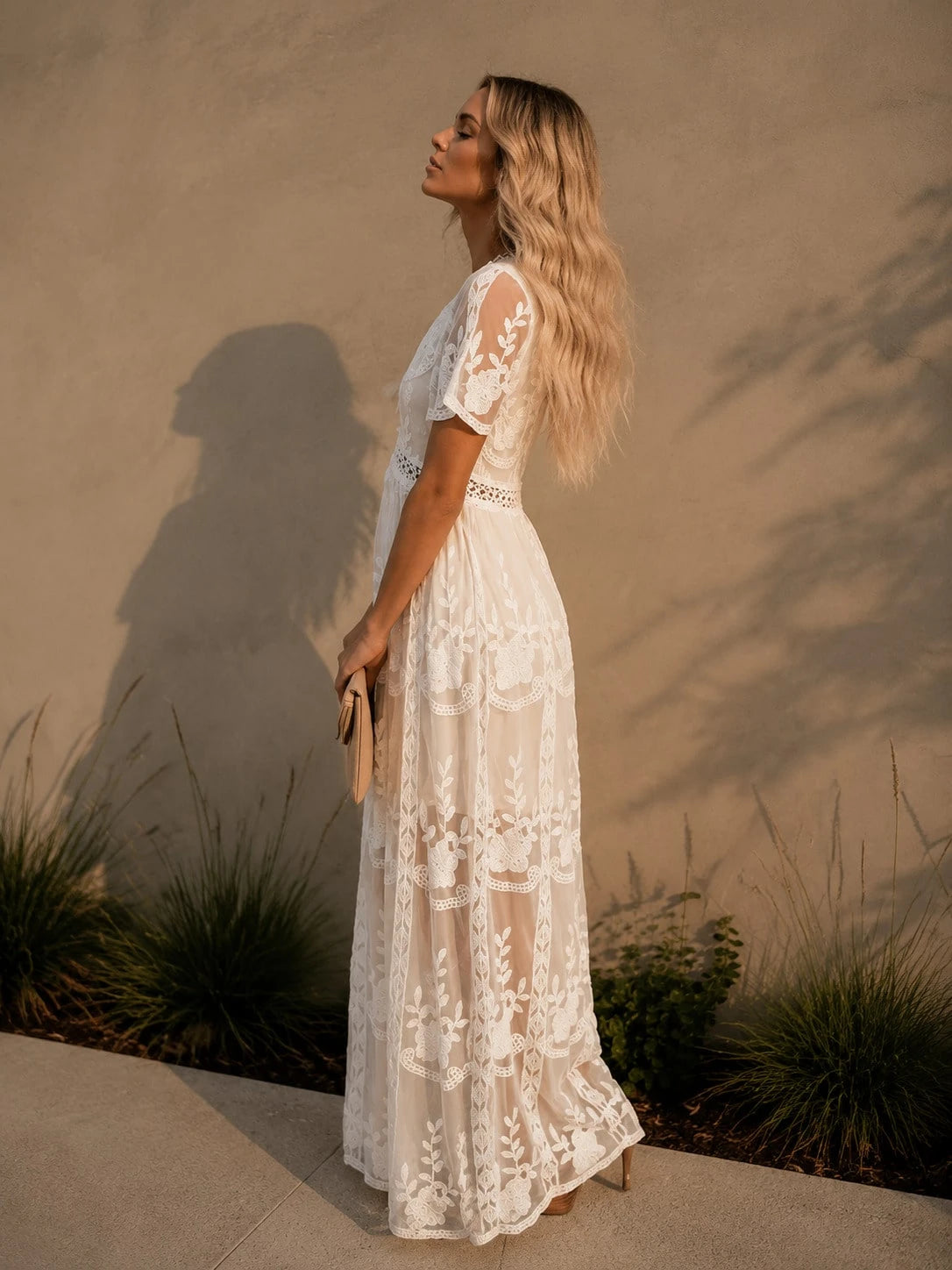 Women's Elegant Lace Chiffon Maxi Dress, V Neck Short Sleeve Solid