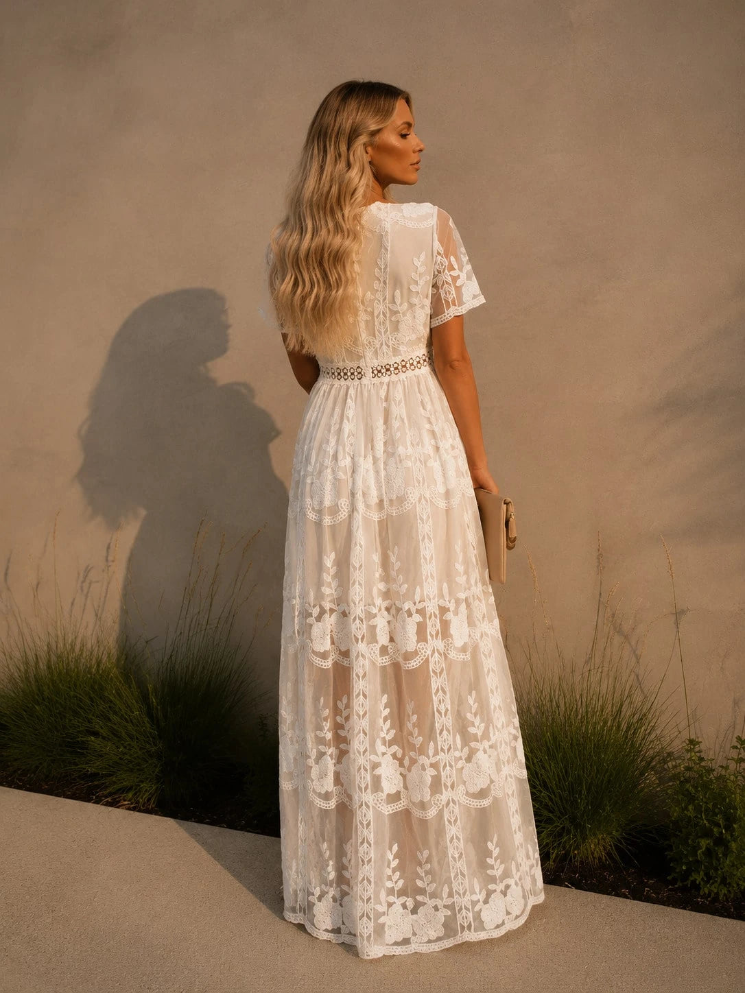 Women's Elegant Lace Chiffon Maxi Dress, V Neck Short Sleeve Solid