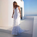 Women Summer Elegant Mermaid Wedding Dress, Spaghetti Strap Deep V 3D Floral Lace Tulle Train Evening Gown