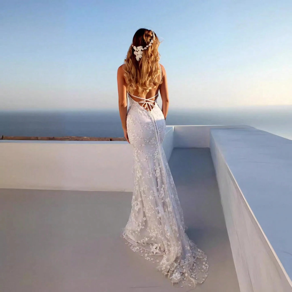 Women Summer Elegant Mermaid Wedding Dress, Spaghetti Strap Deep V 3D Floral Lace Tulle Train Evening Gown - image 2