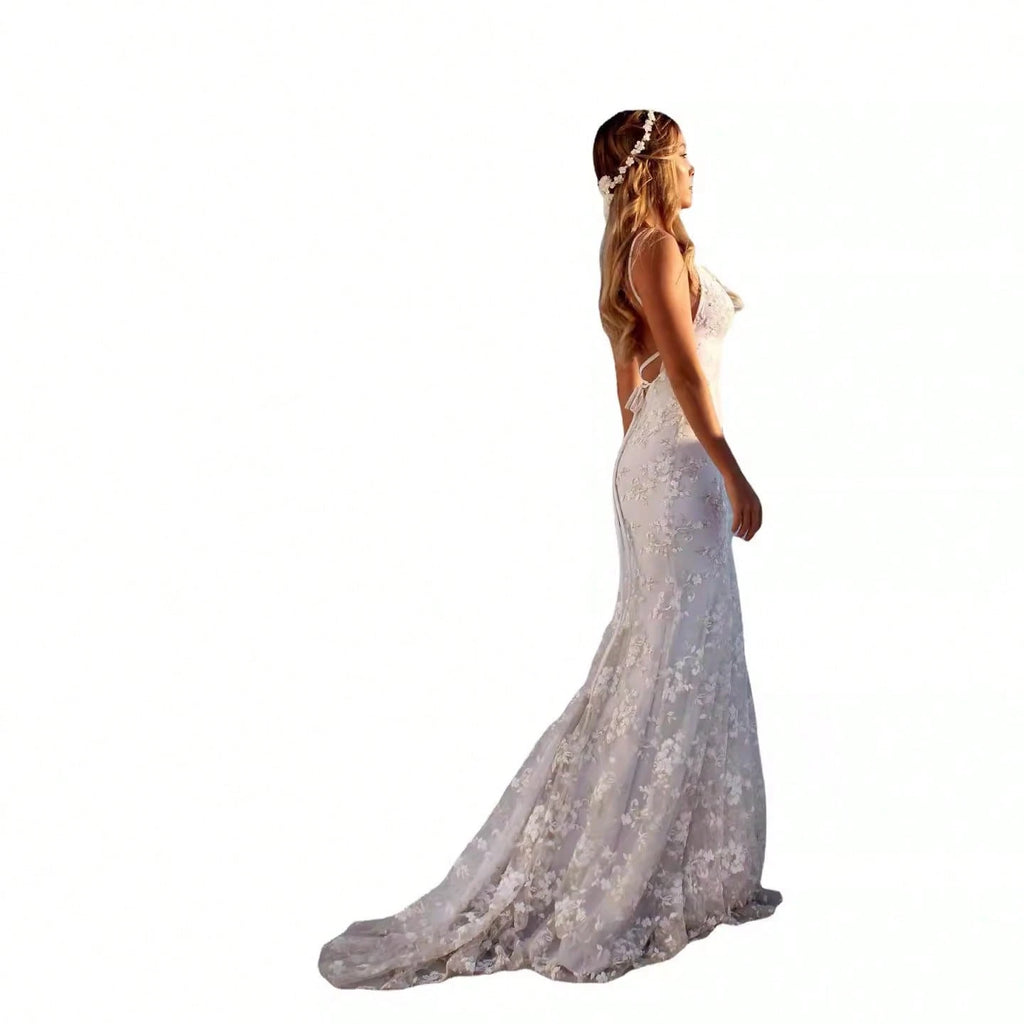 Women Summer Elegant Mermaid Wedding Dress, Spaghetti Strap Deep V 3D Floral Lace Tulle Train Evening Gown - image 3