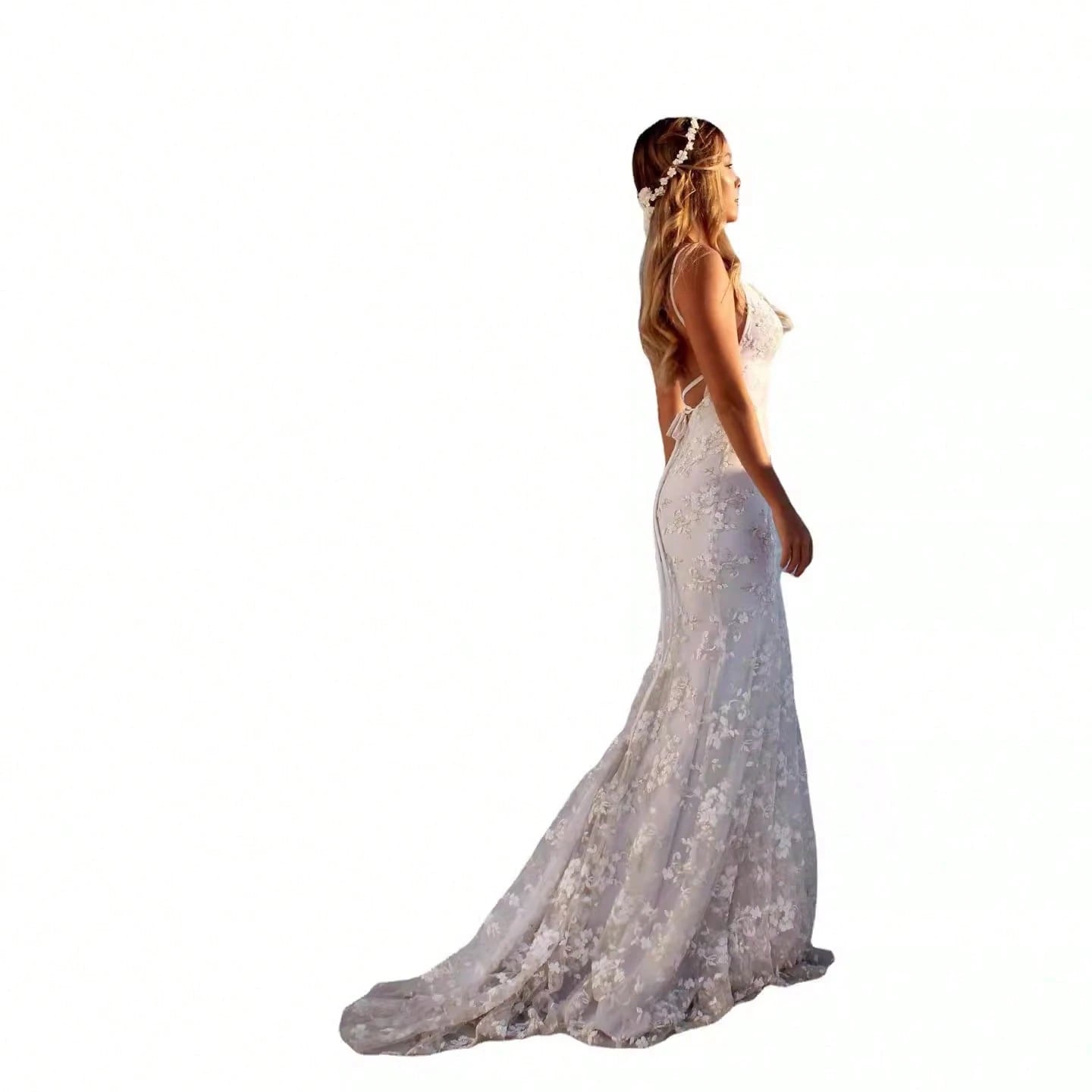 Women Summer Elegant Mermaid Wedding Dress, Spaghetti Strap Deep V 3D Floral Lace Tulle Train Evening Gown - image 3