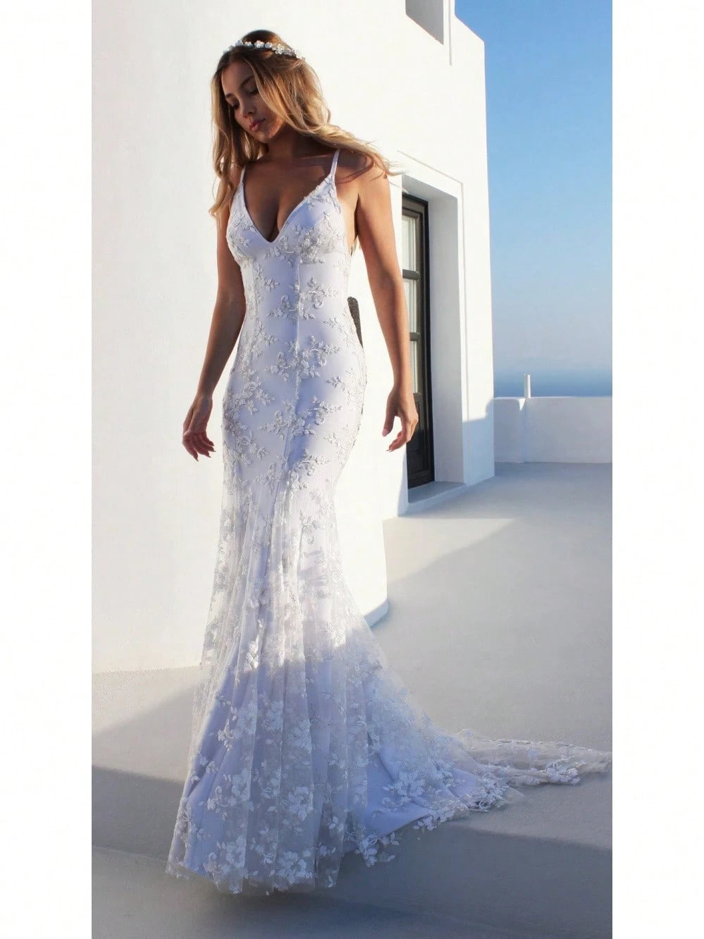 Women Summer Elegant Mermaid Wedding Dress, Spaghetti Strap Deep V 3D Floral Lace Tulle Train Evening Gown - image 4