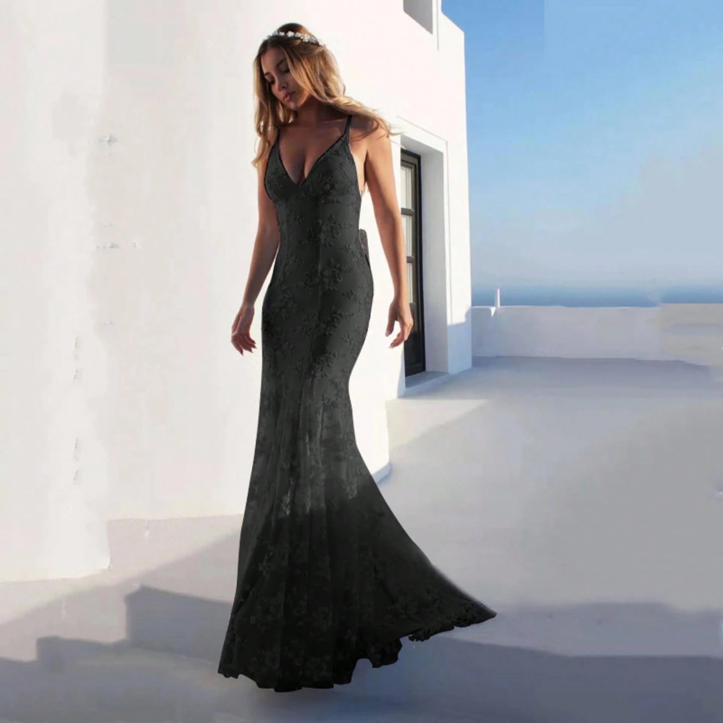 Women Summer Elegant Mermaid Wedding Dress, Spaghetti Strap Deep V 3D Floral Lace Tulle Train Evening Gown - image 5