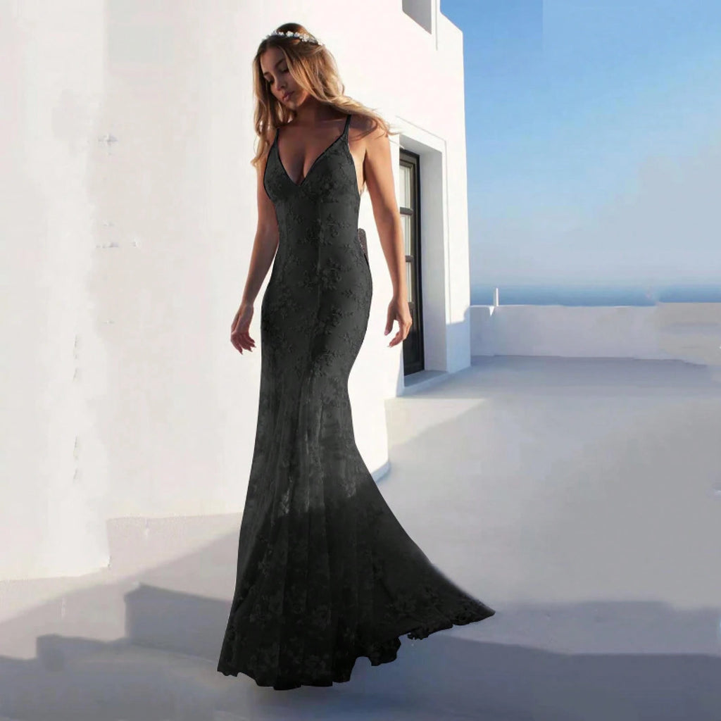 Women Summer Elegant Mermaid Wedding Dress, Spaghetti Strap Deep V 3D Floral Lace Tulle Train Evening Gown - image 8