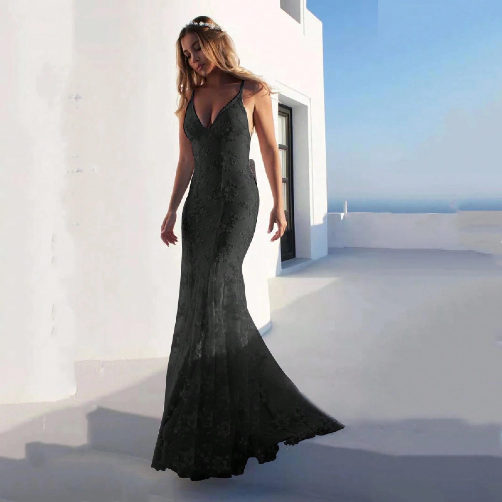 Women Summer Elegant Mermaid Wedding Dress, Spaghetti Strap Deep V 3D Floral Lace Tulle Train Evening Gown - image 8