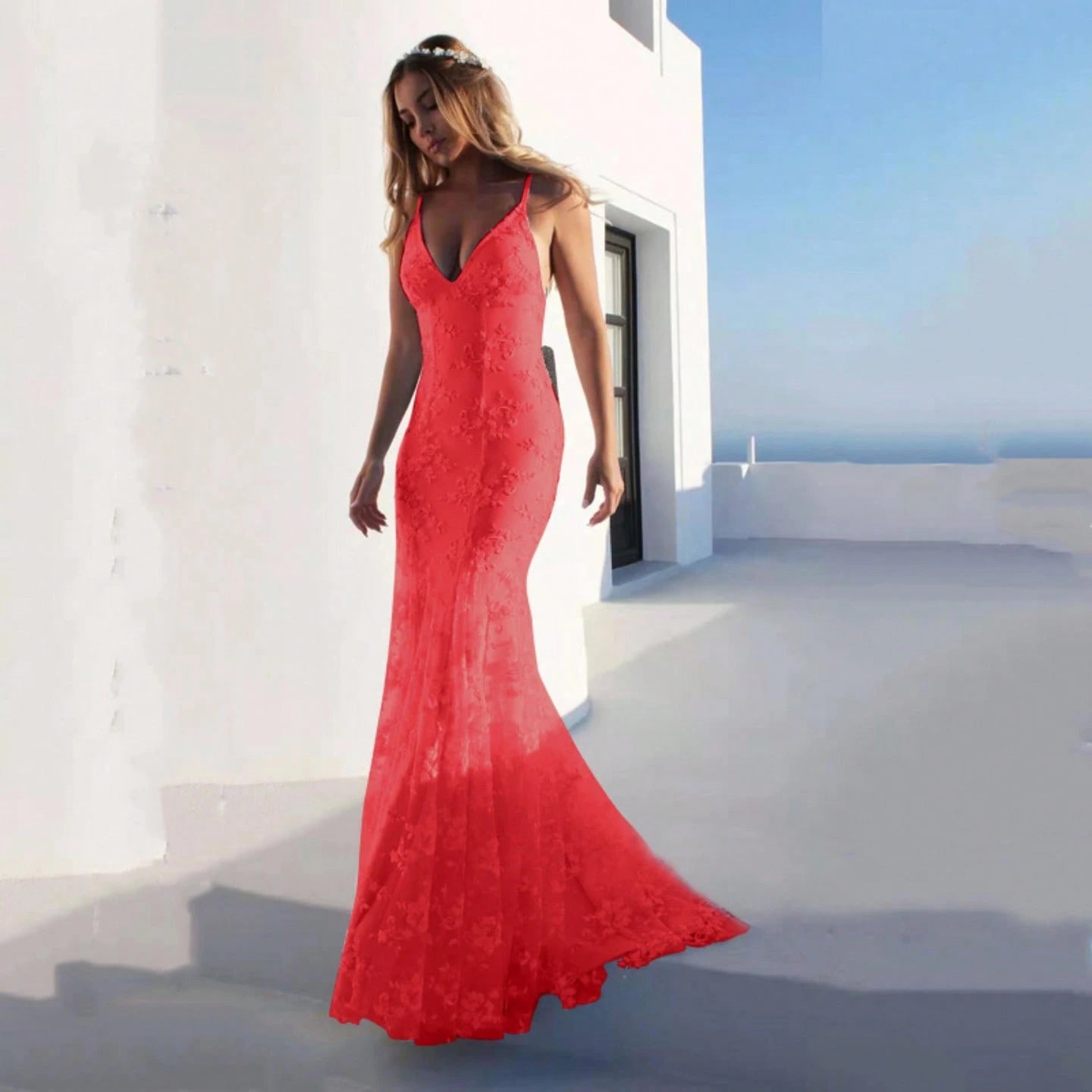 Women Summer Elegant Mermaid Wedding Dress, Spaghetti Strap Deep V 3D Floral Lace Tulle Train Evening Gown - image 7