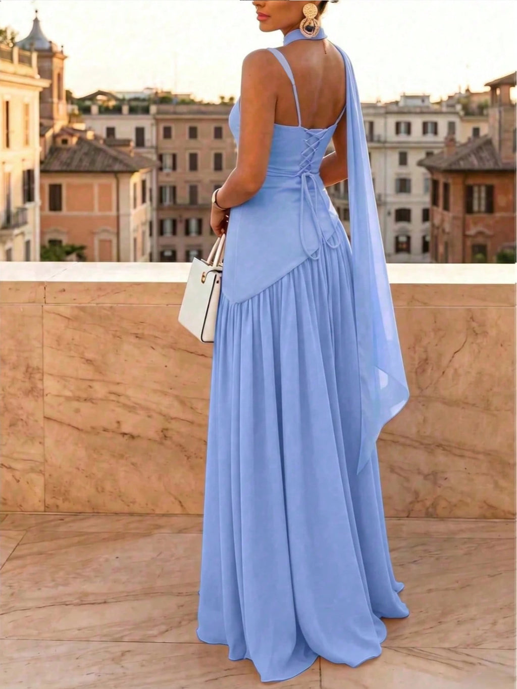 Women's Solid Color Square Neck Backless Tie Ruffle Hem Sexy Vacation