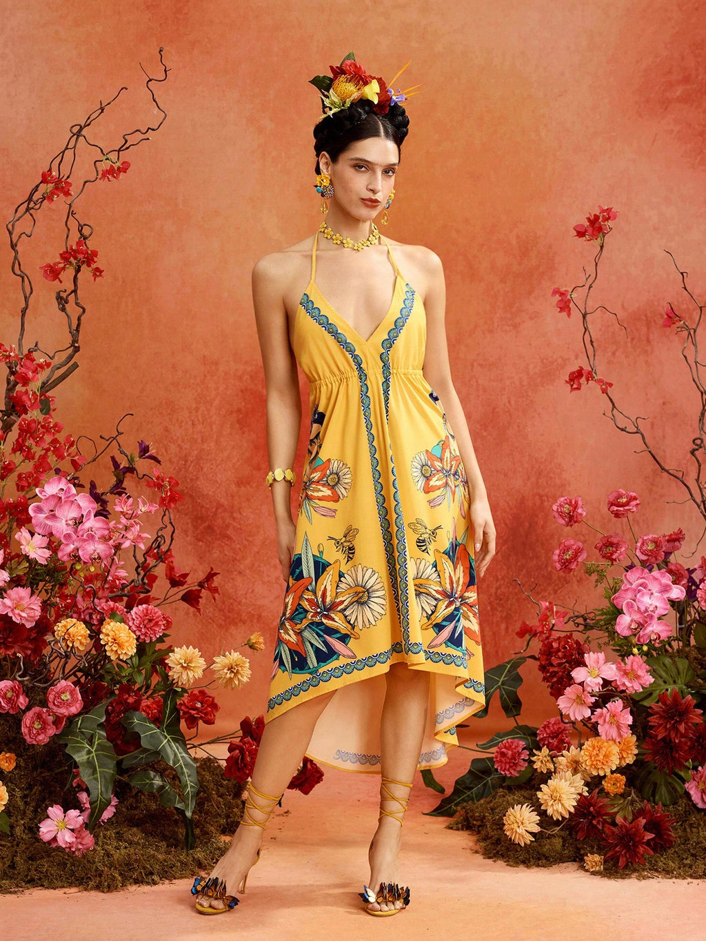 Glamance Frida Kahlo X Portrait Floral Print Yellow Deep V-Neck Backless Spaghetti Strap Tie-Up Loose Long