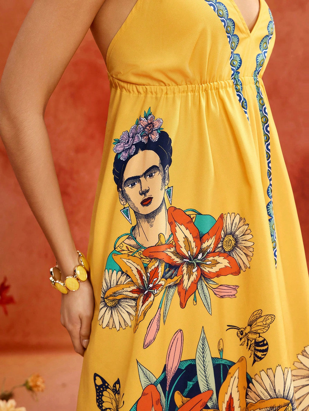 Glamance Frida Kahlo X Portrait Floral Print Yellow Deep V-Neck Backless Spaghetti Strap Tie-Up Loose Long - image 5