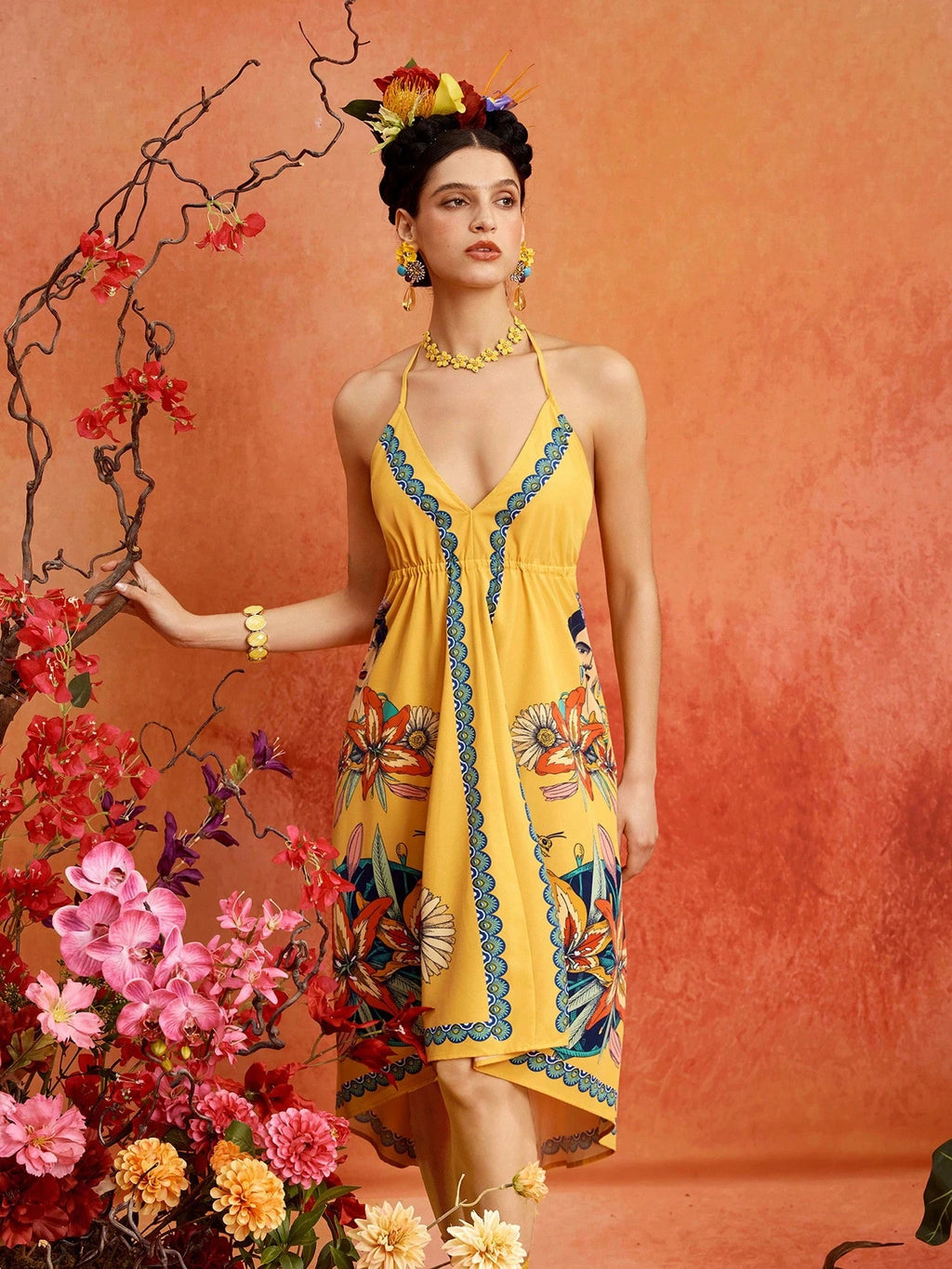 Glamance Frida Kahlo X Portrait Floral Print Yellow Deep V-Neck Backless Spaghetti Strap Tie-Up Loose Long - image 6