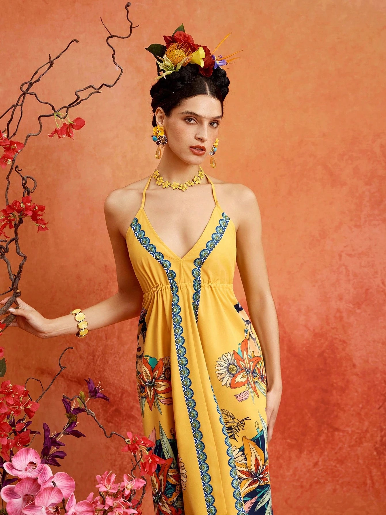 Glamance Frida Kahlo X Portrait Floral Print Yellow Deep V-Neck Backless Spaghetti Strap Tie-Up Loose Long - image 7