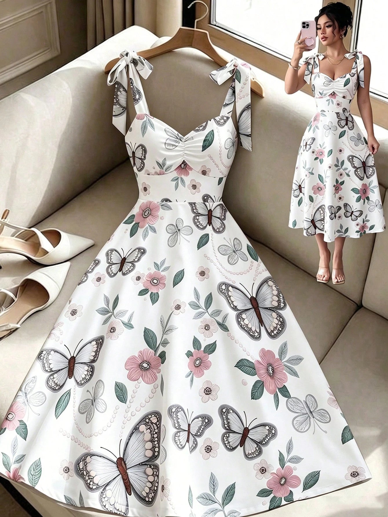 Elenzga Sleeveless Tie-Up Cinched Waist A-Line Elegant Romantic Women