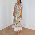 Women's Summer Satin Printed Feather Dress INS Short Sleeve Loose