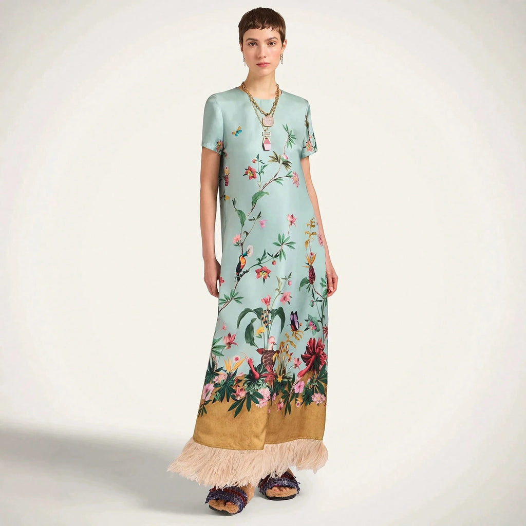 Women's Summer Satin Printed Feather Dress INS Short Sleeve Loose