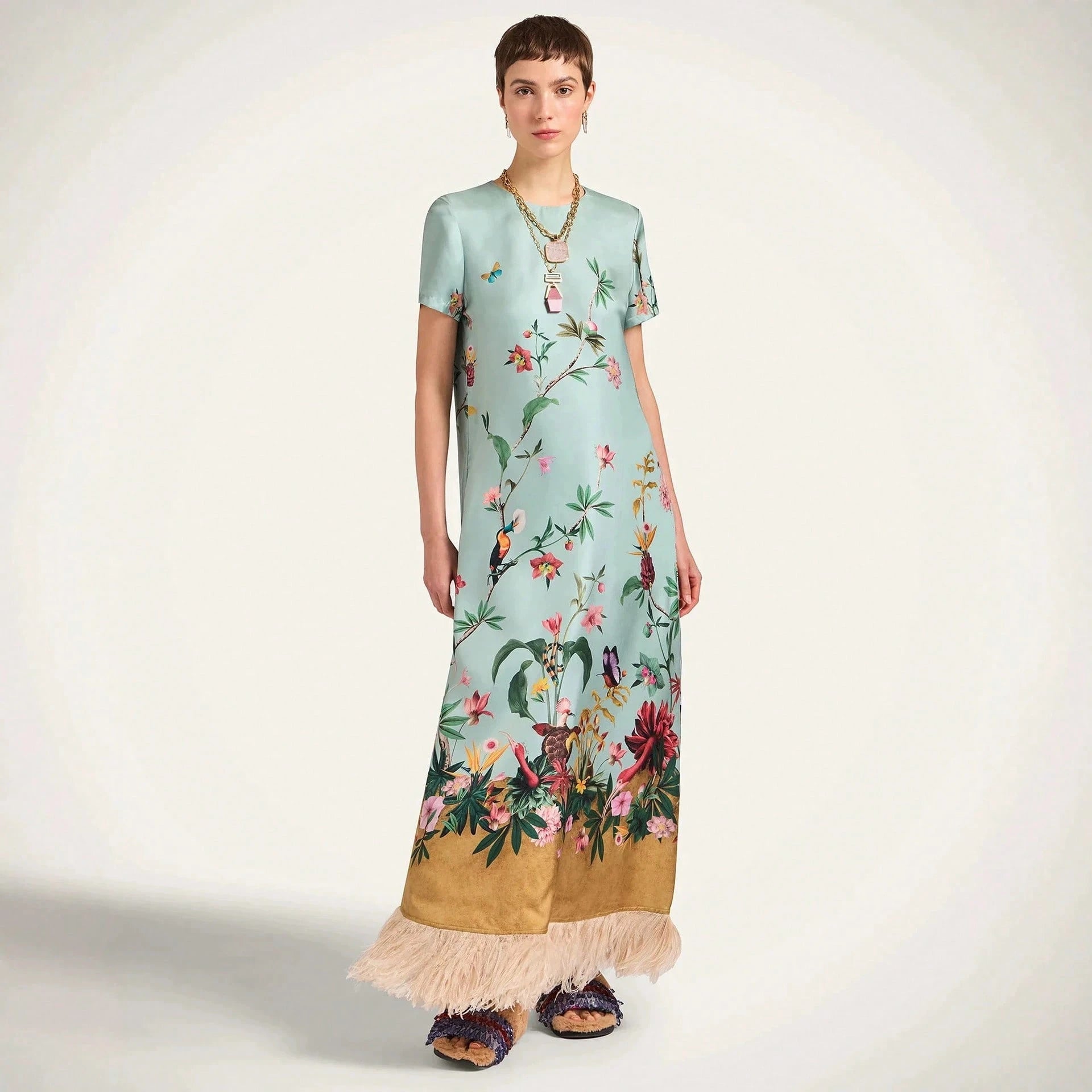 Women's Summer Satin Printed Feather Dress INS Short Sleeve Loose