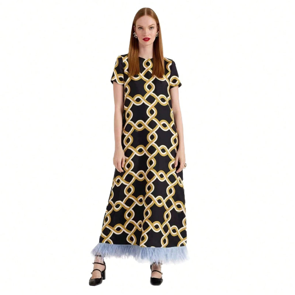 Women's Summer Satin Printed Feather Dress INS Short Sleeve Loose