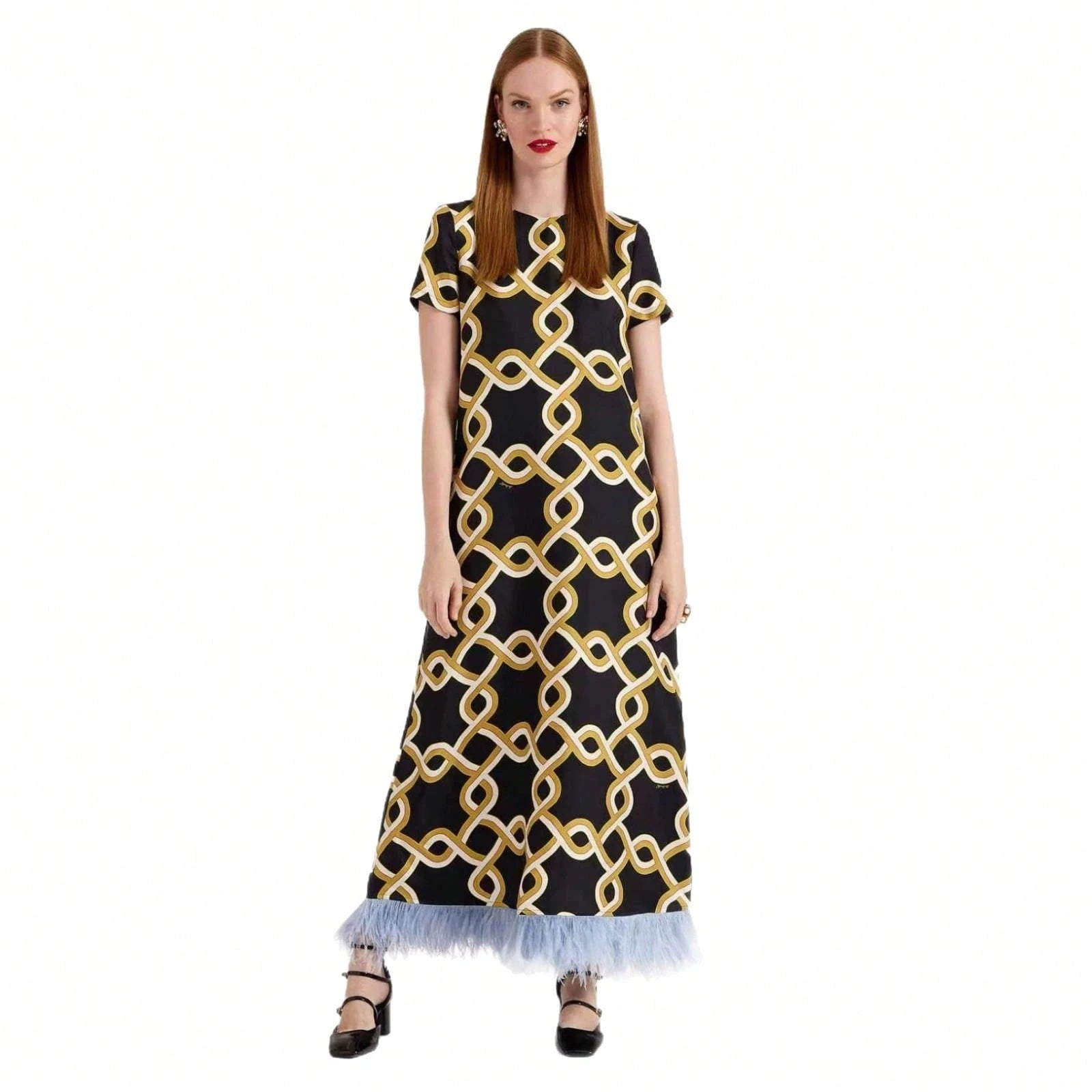 Women's Summer Satin Printed Feather Dress INS Short Sleeve Loose