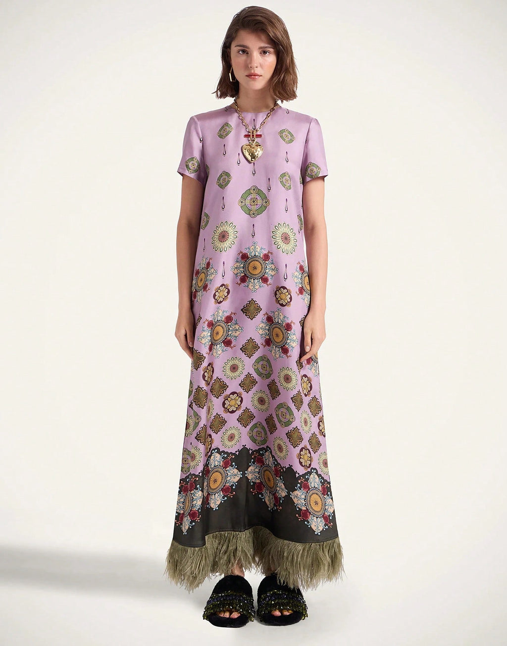 Women's Summer Satin Printed Feather Dress INS Short Sleeve Loose