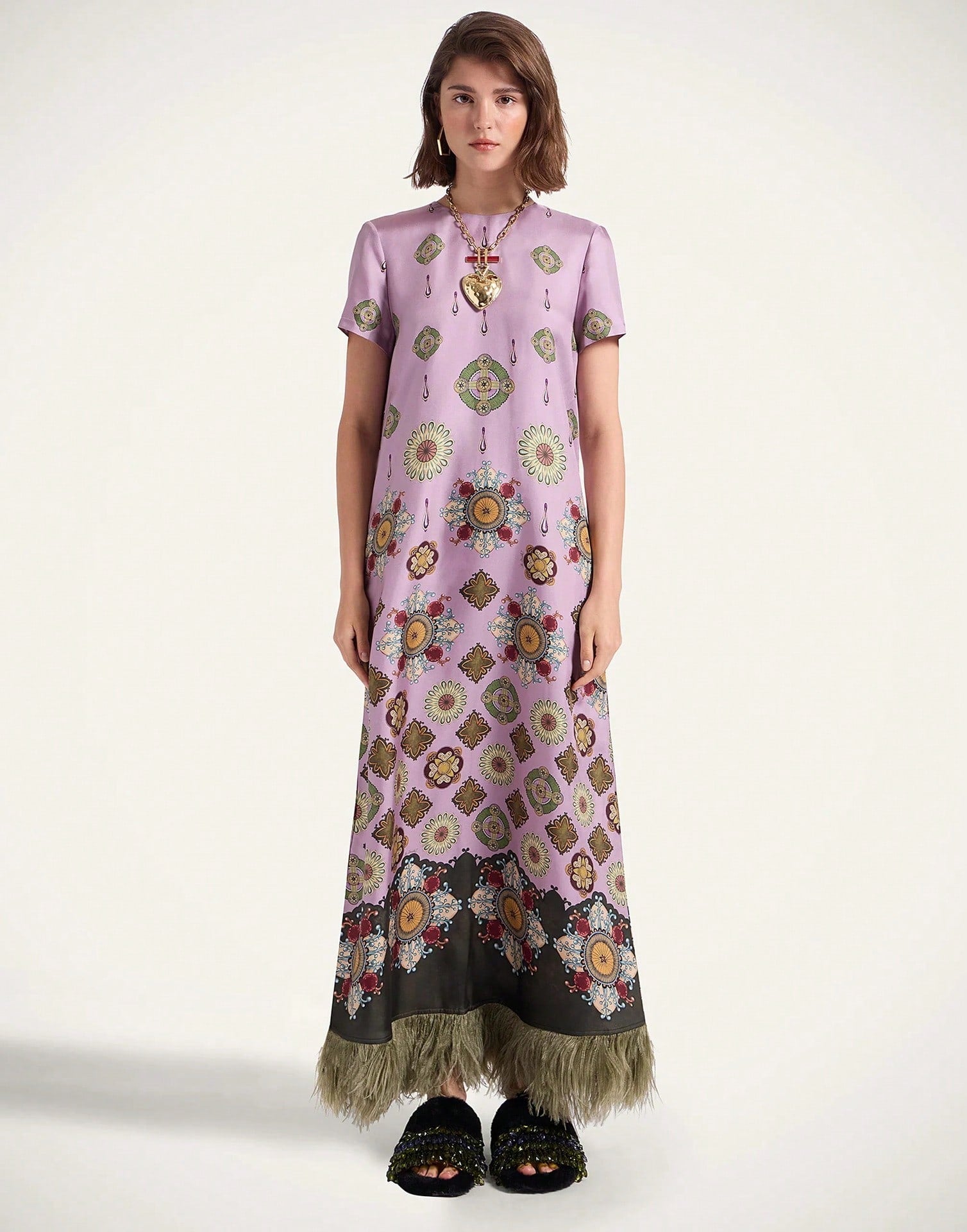 Women's Summer Satin Printed Feather Dress INS Short Sleeve Loose