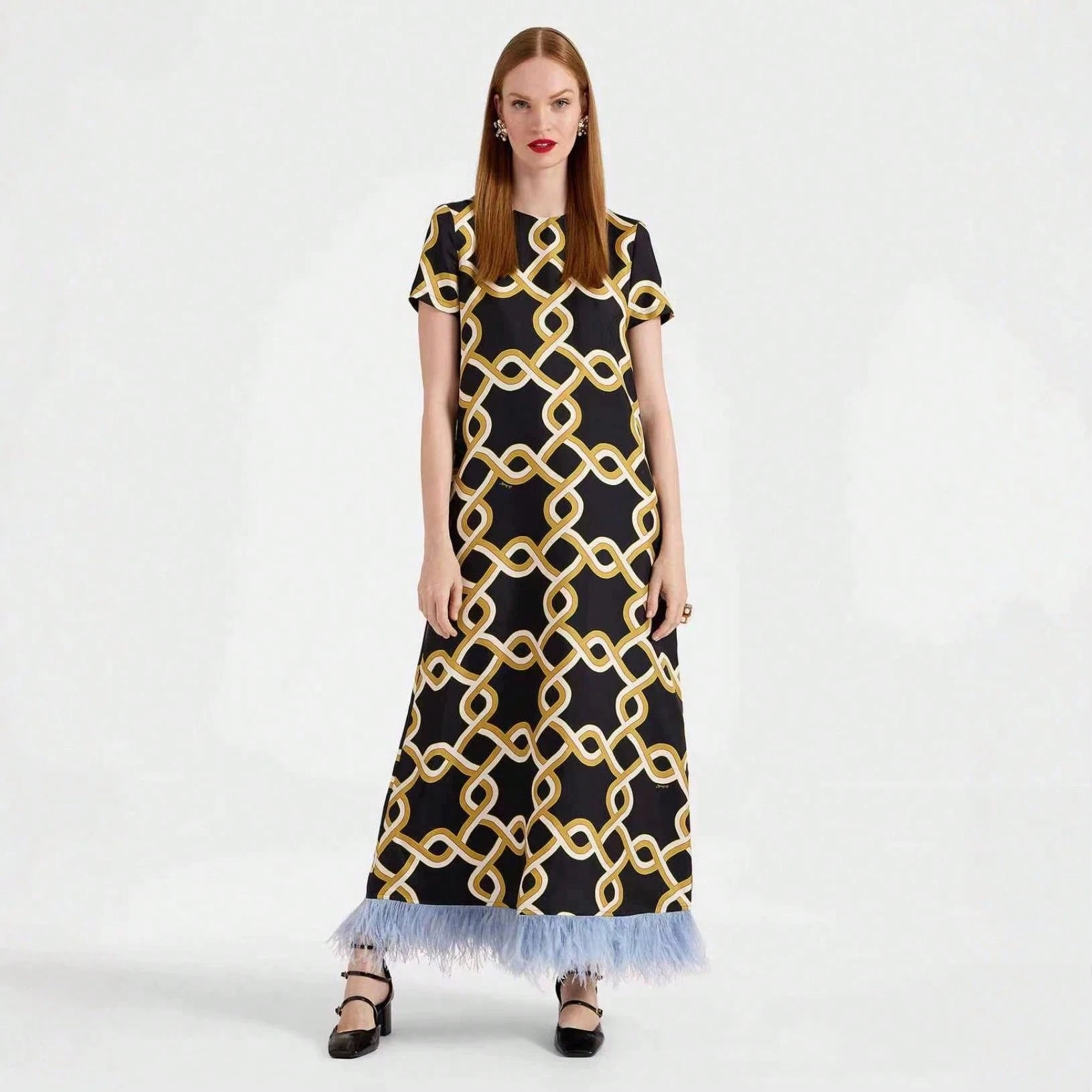 Women's Summer Satin Printed Feather Dress INS Short Sleeve Loose Dress - image 4