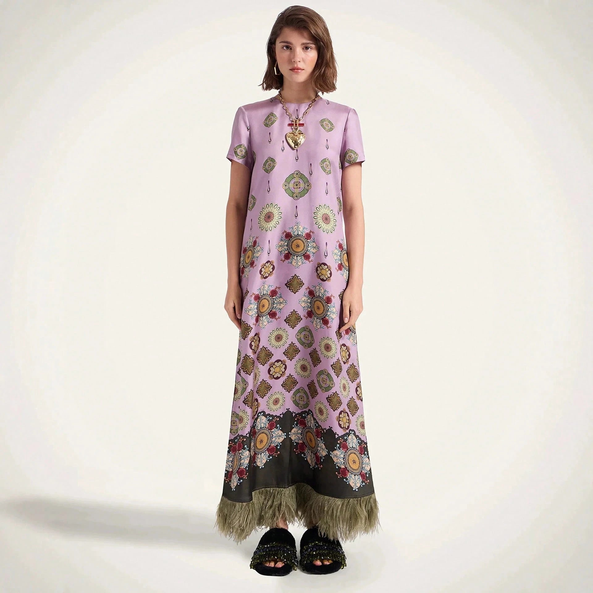 Women's Summer Satin Printed Feather Dress INS Short Sleeve Loose Dress - image 7