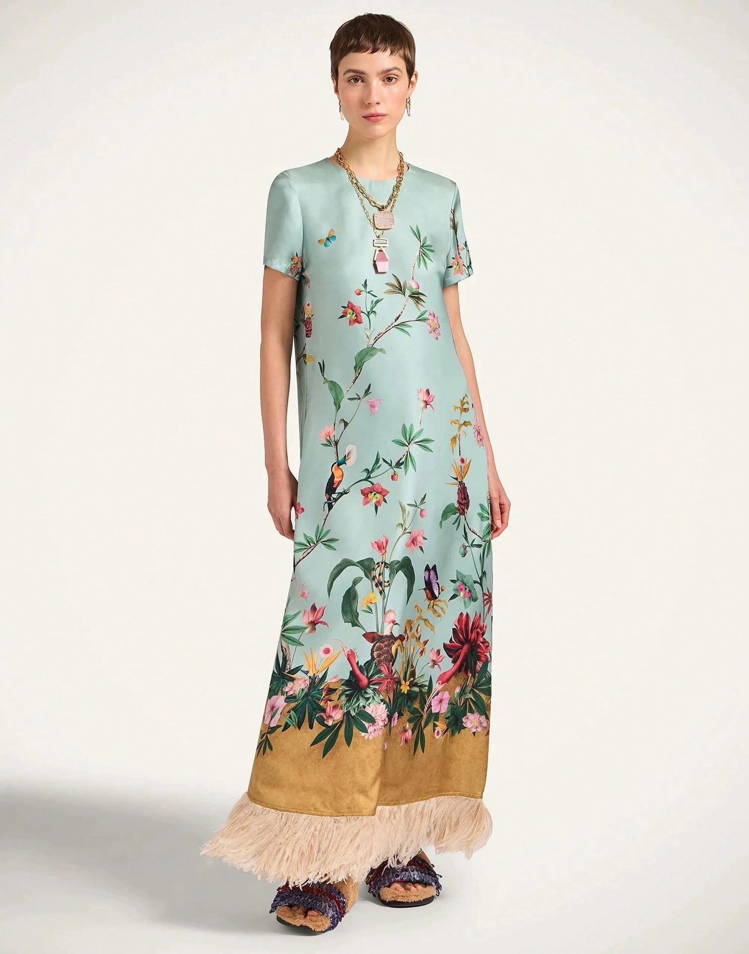 Women's Summer Satin Printed Feather Dress INS Short Sleeve Loose Dress - image 10