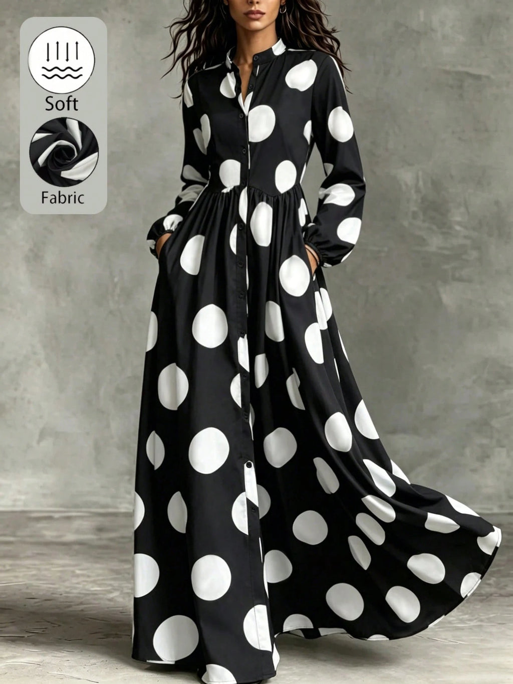 Women's Polka Dot Long Sleeve Single-Breasted Pocket Casual Long Dress