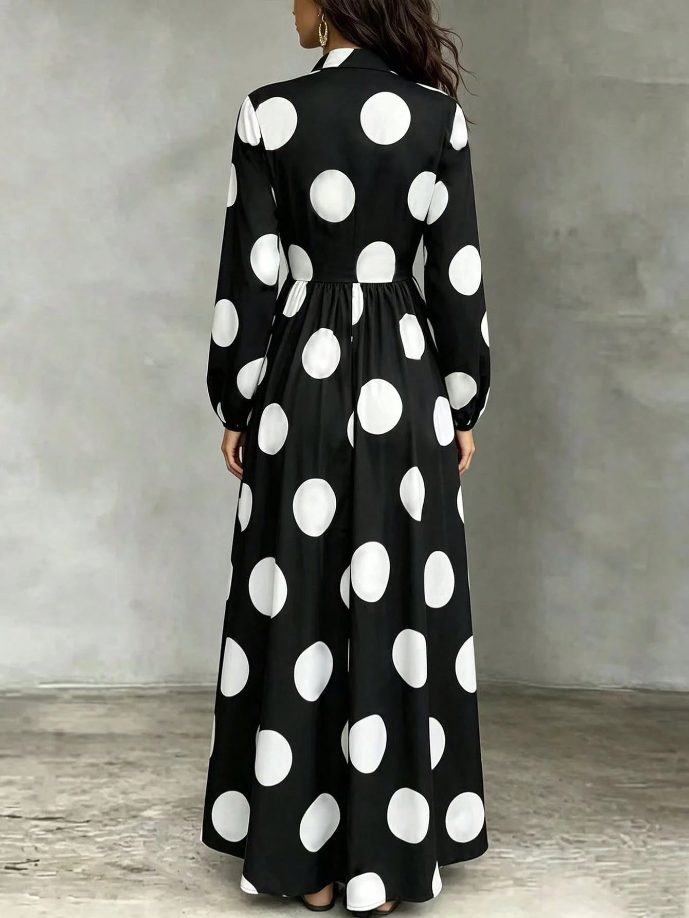 Women's Polka Dot Long Sleeve Single-Breasted Pocket Casual Long Dress - image 2