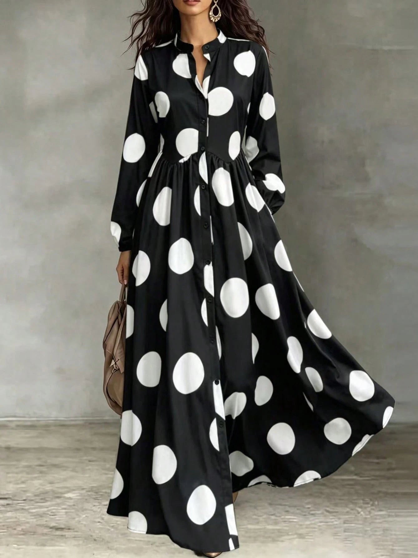 Women's Polka Dot Long Sleeve Single-Breasted Pocket Casual Long Dress - image 3