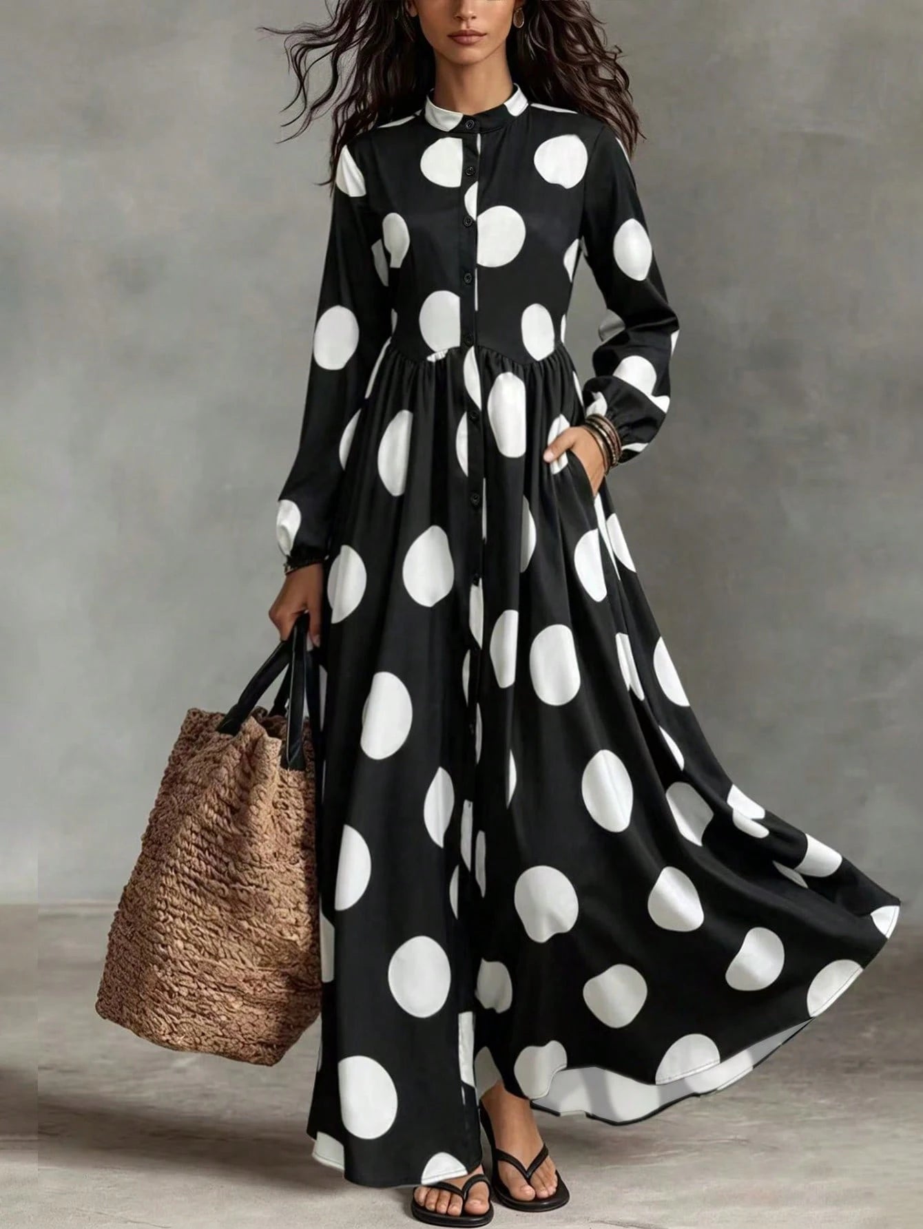 Women's Polka Dot Long Sleeve Single-Breasted Pocket Casual Long Dress - image 4