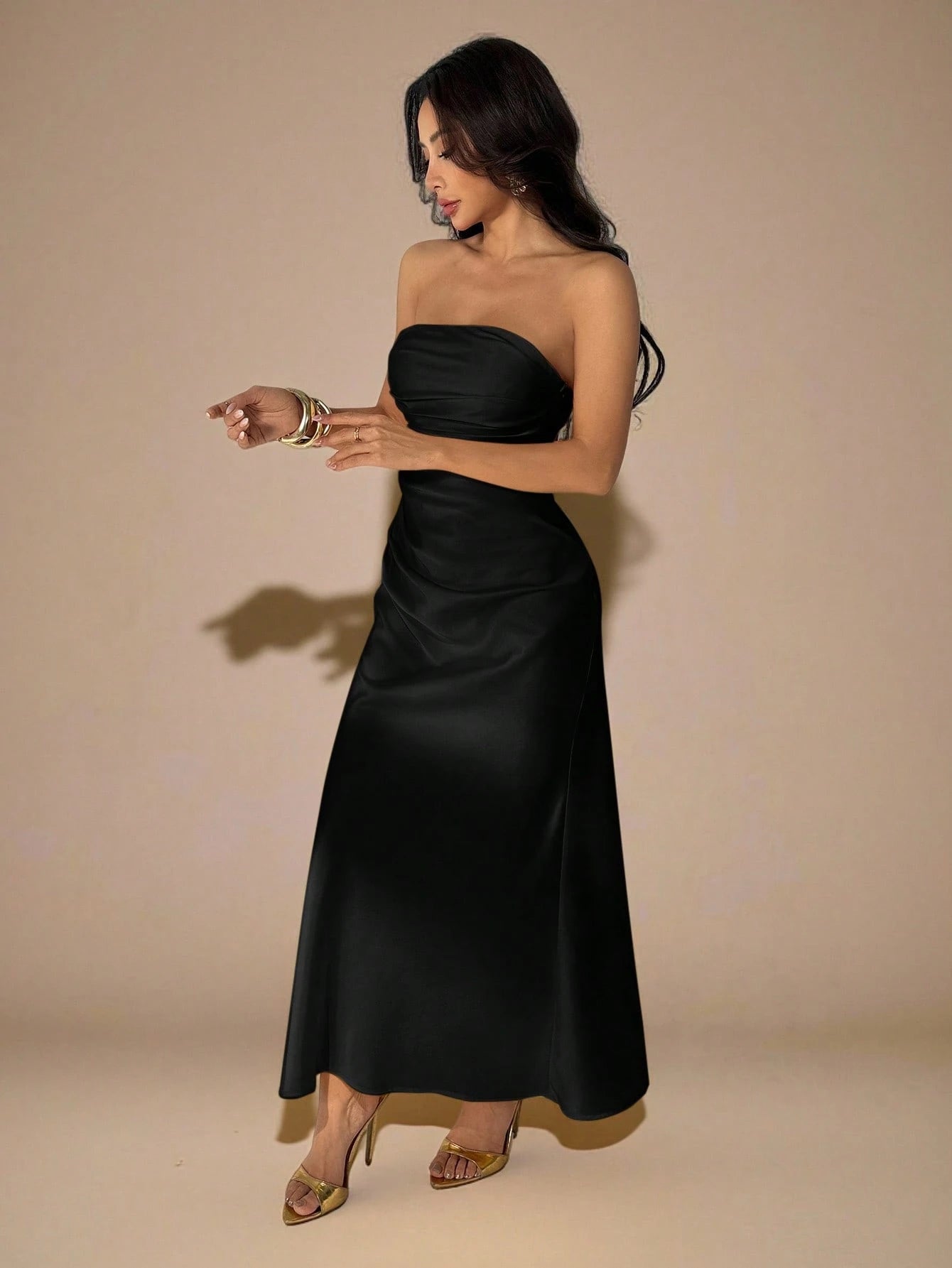 PETITE Strapless Ruched Fitted Backless Satin Long Dress,Dark Brown,Summer,Elegant,Dining,Formal Party - image 13