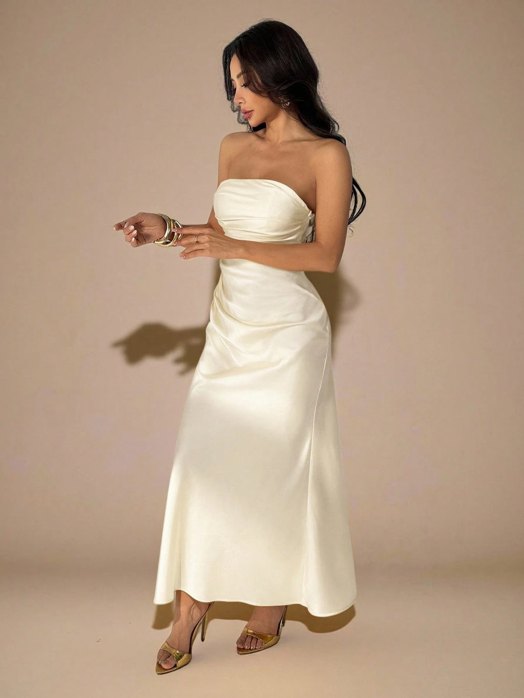PETITE Strapless Ruched Fitted Backless Satin Long Dress,Dark Brown,Summer,Elegant,Dining,Formal Party - image 3