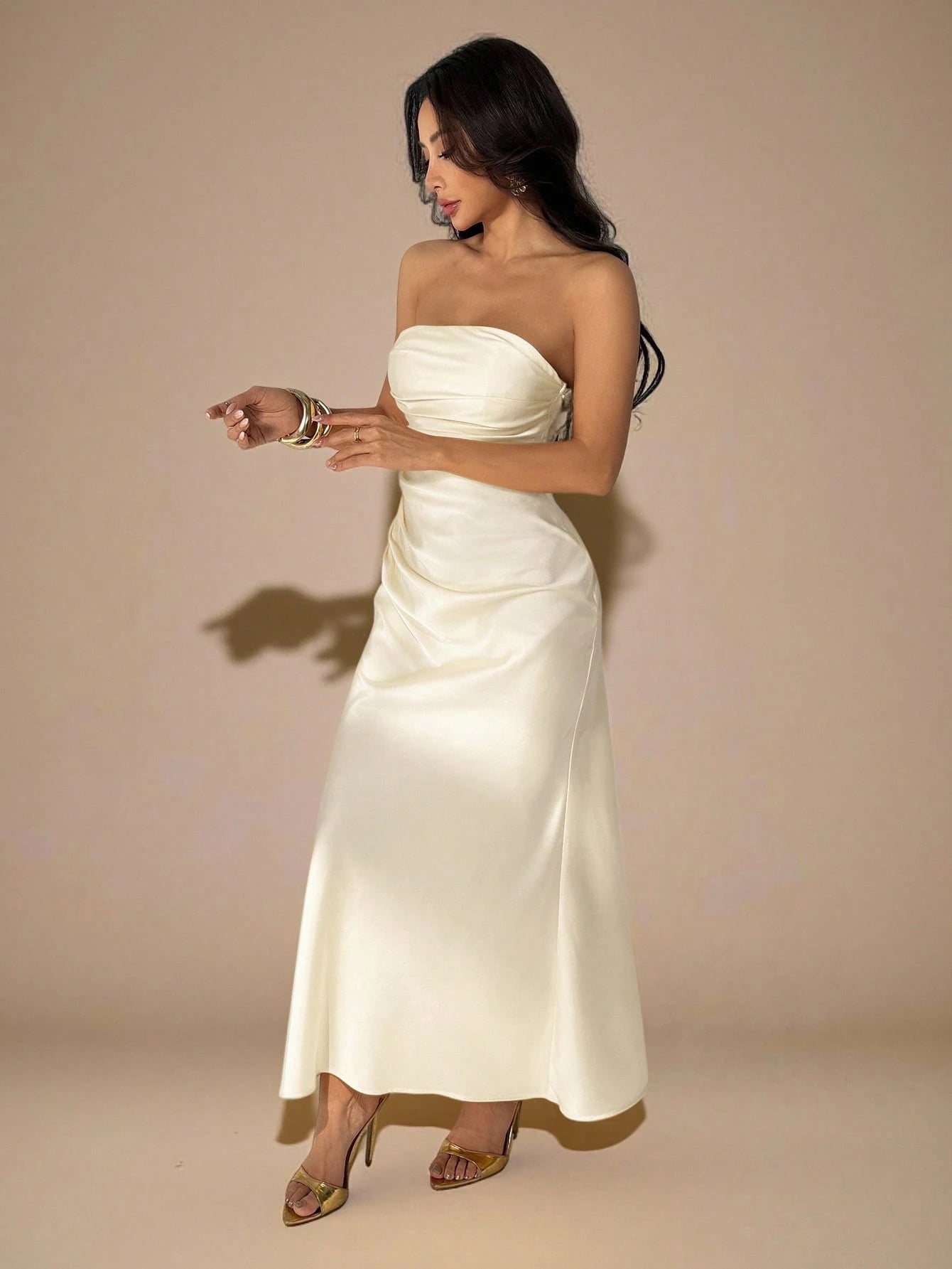 PETITE Strapless Ruched Fitted Backless Satin Long Dress,Dark Brown,Summer,Elegant,Dining,Formal Party - image 3