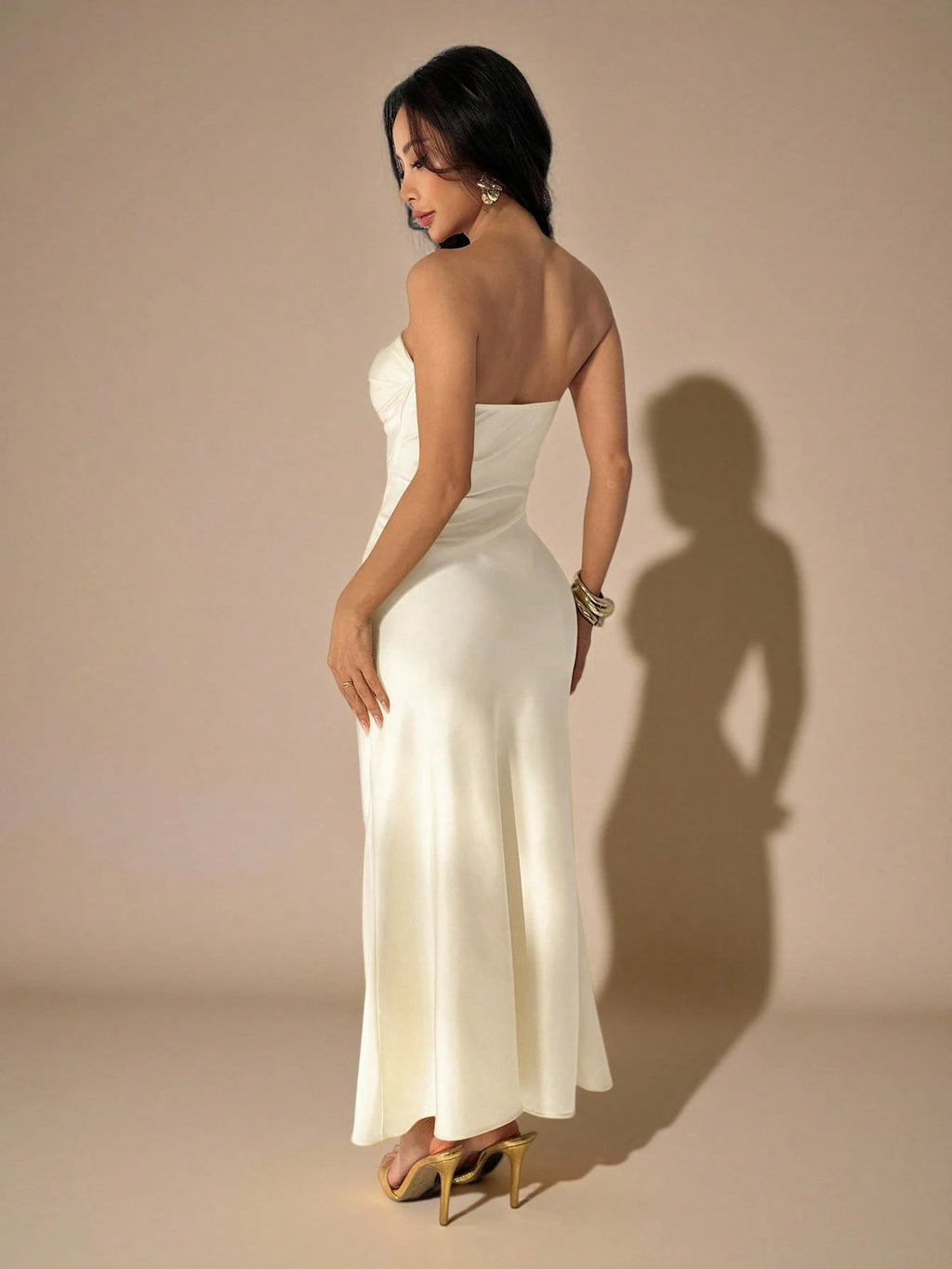 PETITE Strapless Ruched Fitted Backless Satin Long Dress,Dark Brown,Summer,Elegant,Dining,Formal Party - image 2