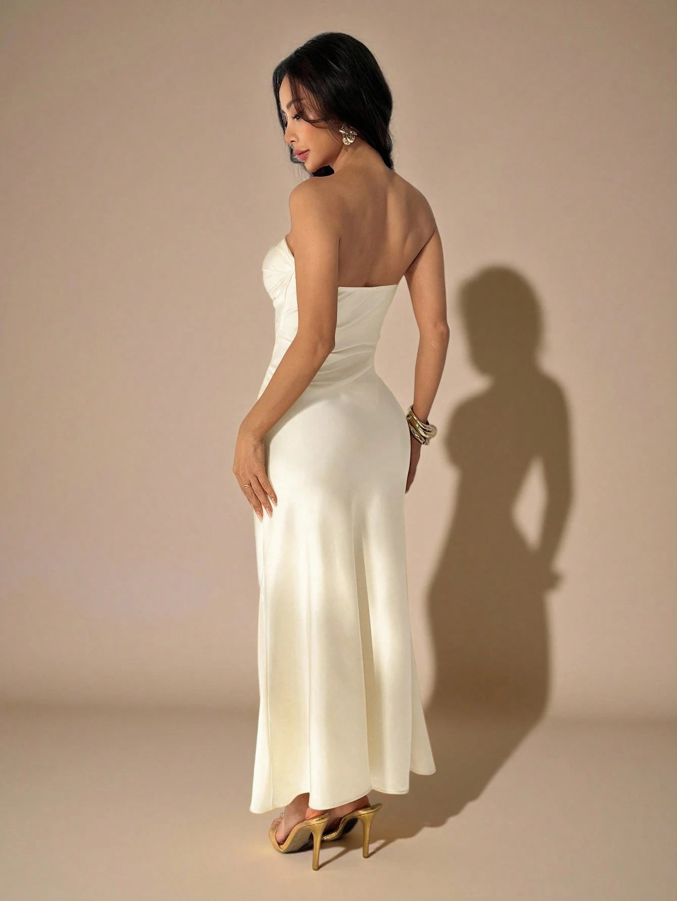 PETITE Strapless Ruched Fitted Backless Satin Long Dress,Dark Brown,Summer,Elegant,Dining,Formal Party - image 2