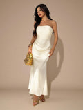 PETITE Strapless Ruched Fitted Backless Satin Long Dress,Dark Brown,Summer,Elegant,Dining,Formal Party