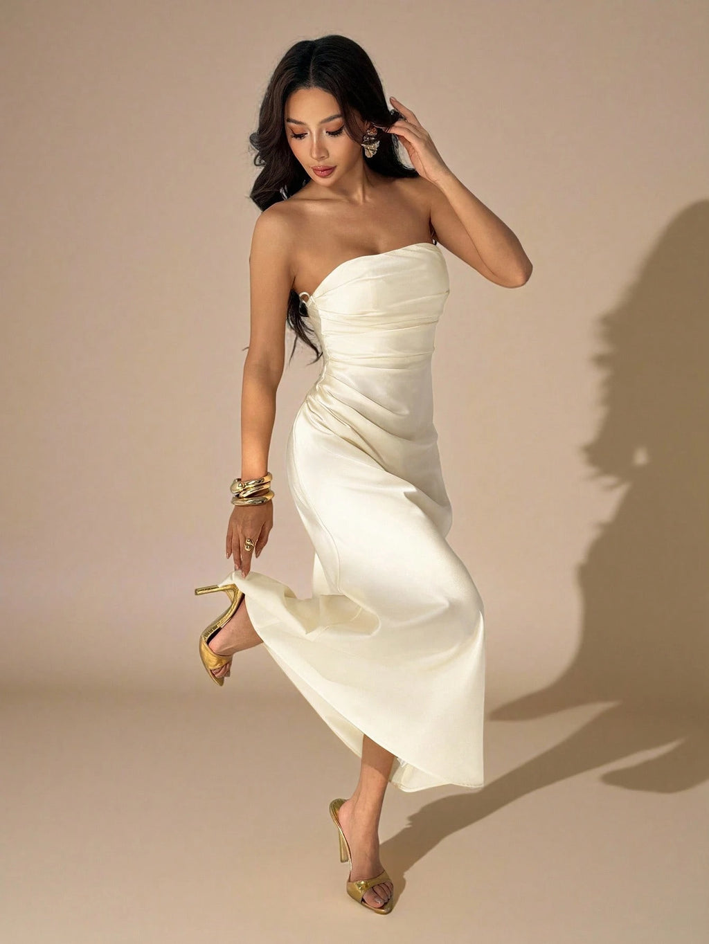 PETITE Strapless Ruched Fitted Backless Satin Long Dress,Dark Brown,Summer,Elegant,Dining,Formal Party - image 6