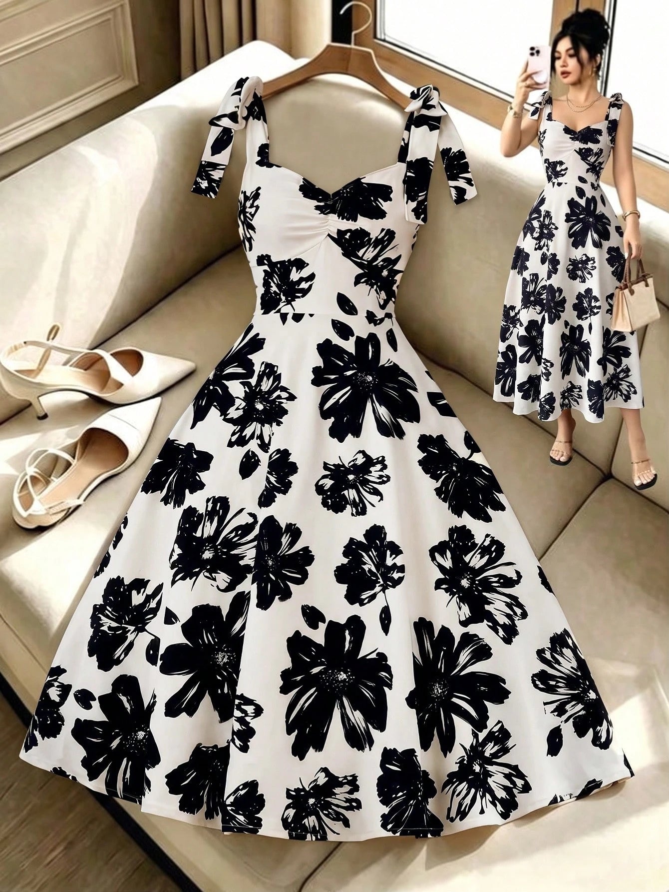 Elenzga Sleeveless Tie-Up Cinched Waist A-Line Elegant Romantic Women