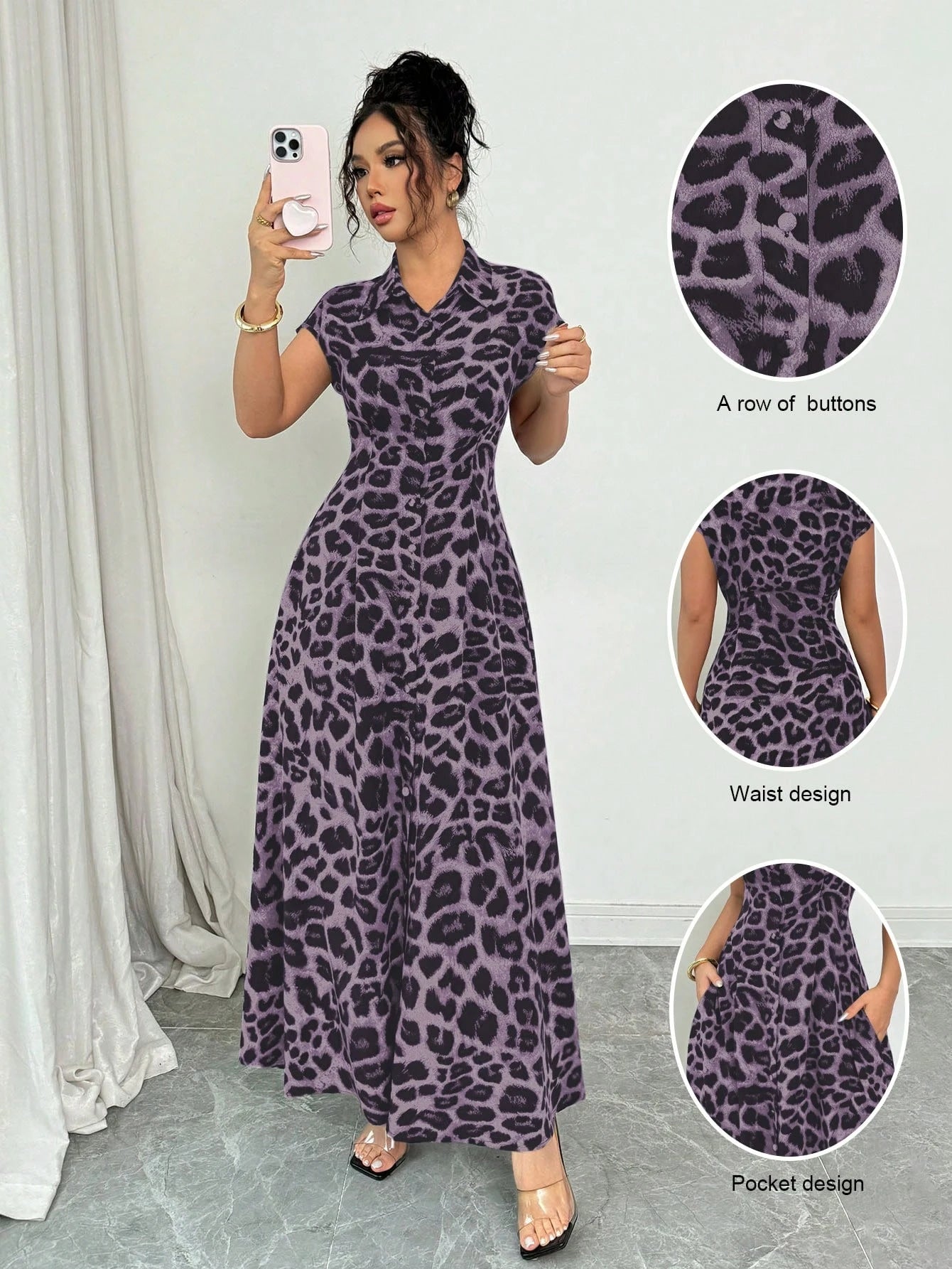 Rafferiza Women's Elegant Leopard Print Collared Short Sleeve Cinched