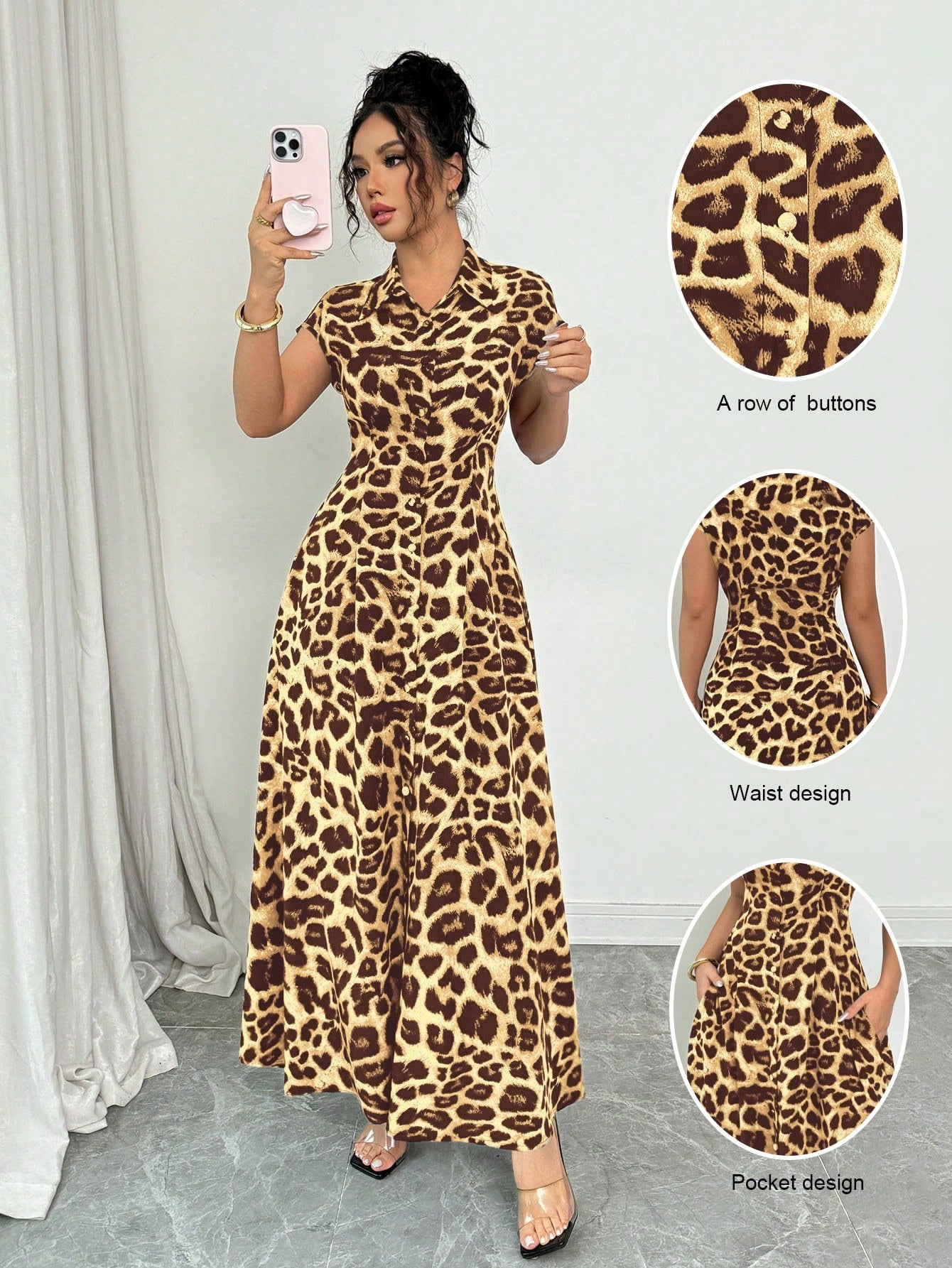 Rafferiza Women's Elegant Leopard Print Collared Short Sleeve Cinched
