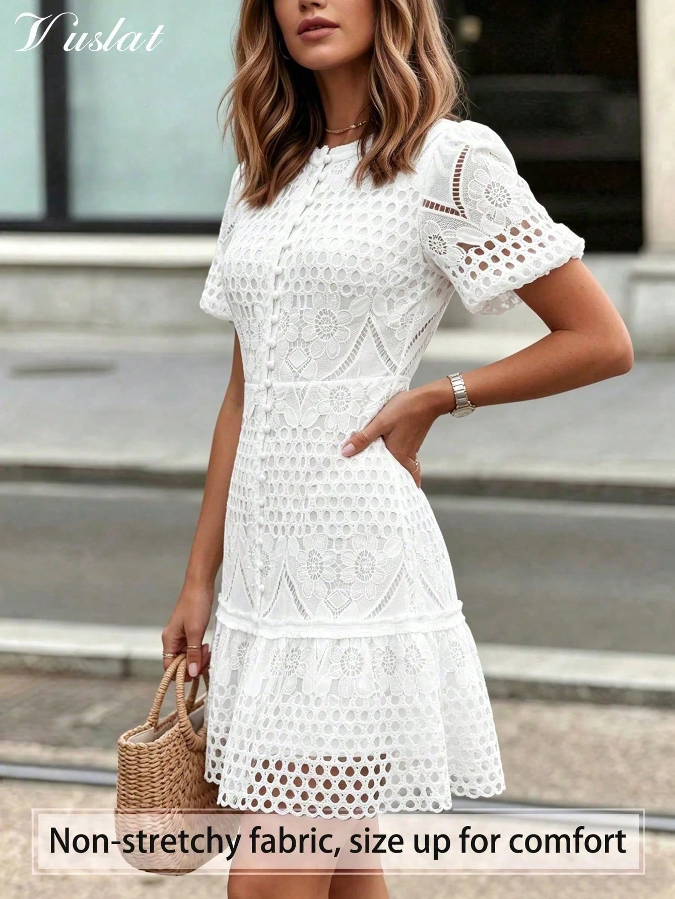 Vusalt Women's Summer White Heavy Embroidery Lace Vintage Elegant