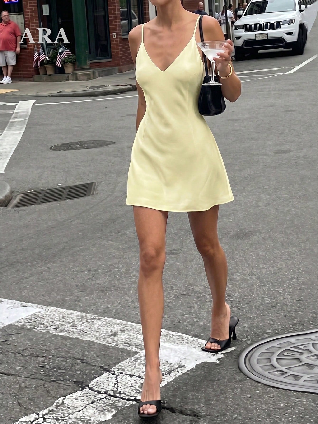ARA CHIC Women's Pale Yellow Bow Backless V-Neck Spaghetti Strap