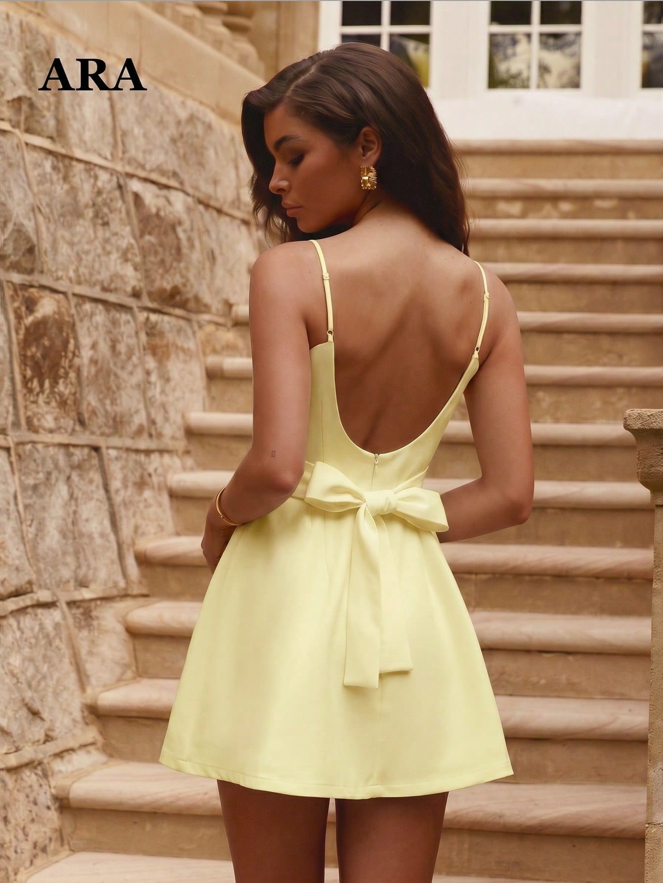 ARA CHIC Women's Pale Yellow Bow Backless V-Neck Spaghetti Strap