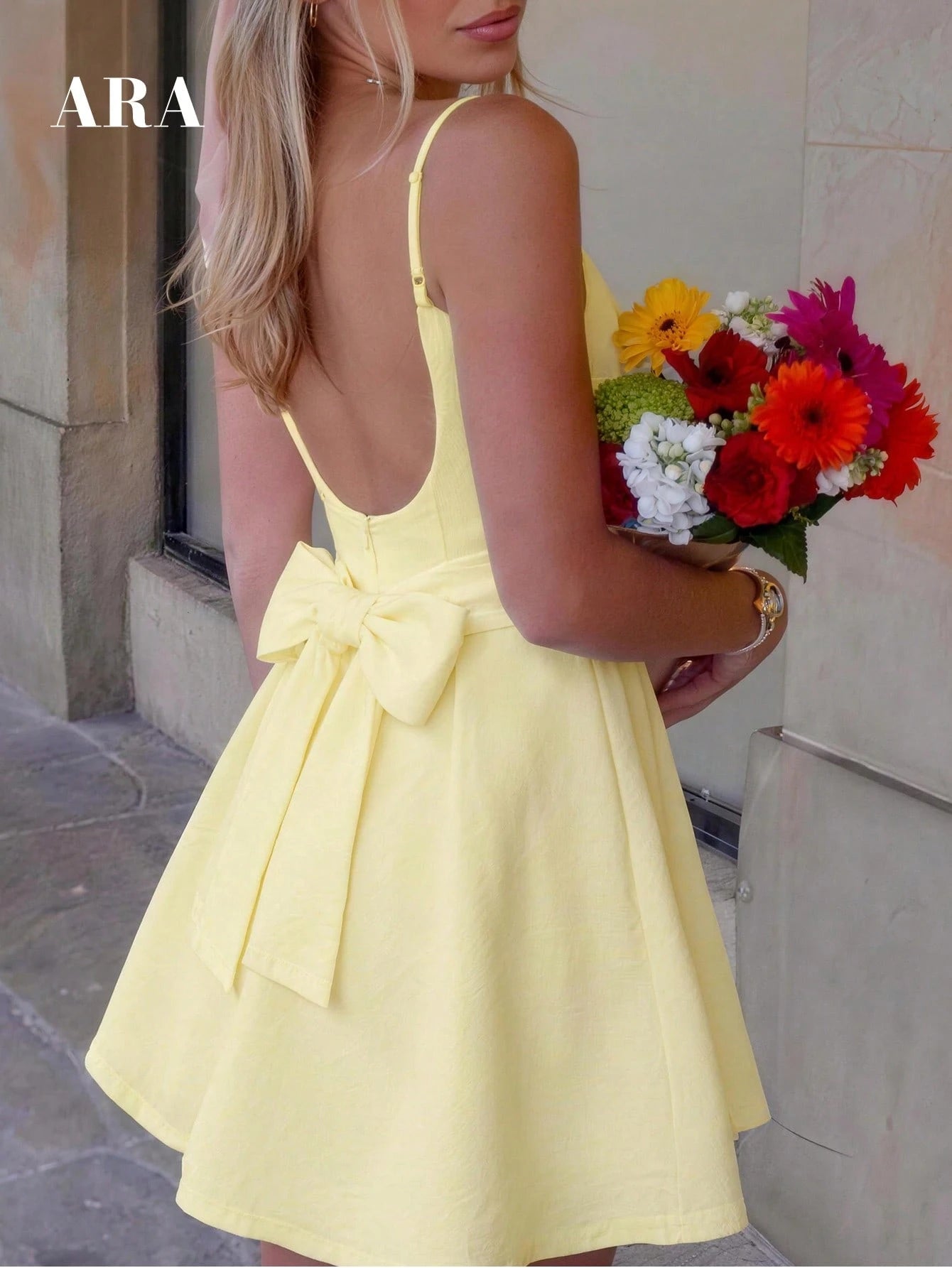 ARA CHIC Women's Pale Yellow Bow Backless V-Neck Spaghetti Strap